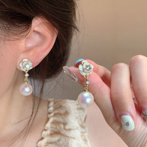 Camellia Pearl Flower Stud Earrings