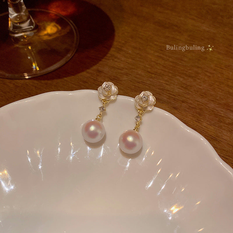 Camellia Pearl Flower Stud Earrings